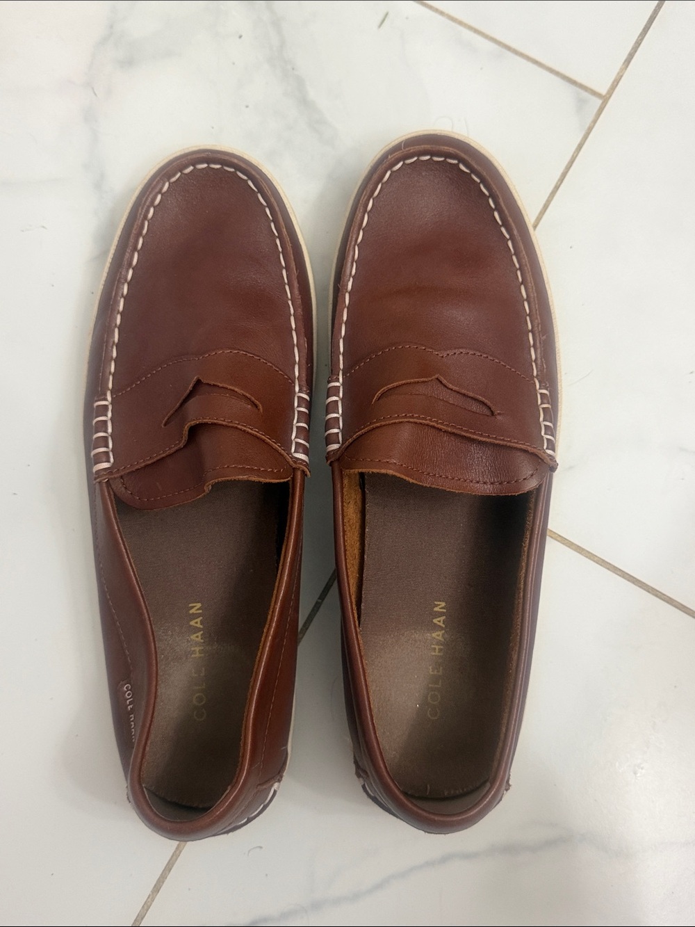Cole Haan Brown Leather Penny Loafers with White Stitching